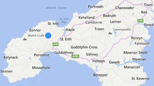 Location map for Chypons Farm, Nancledra near St Ives, Cornwall